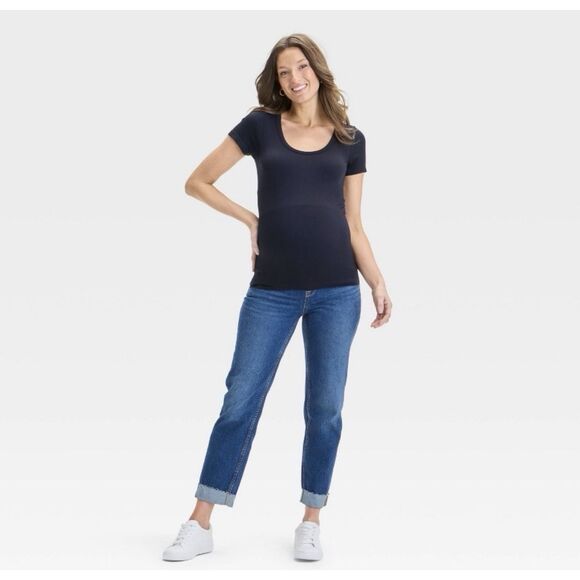 Isabel Maternity Ribbed Scoop Neck Top Shirt Black T-Shirt Small S Pregnancy - Picture 2 of 4